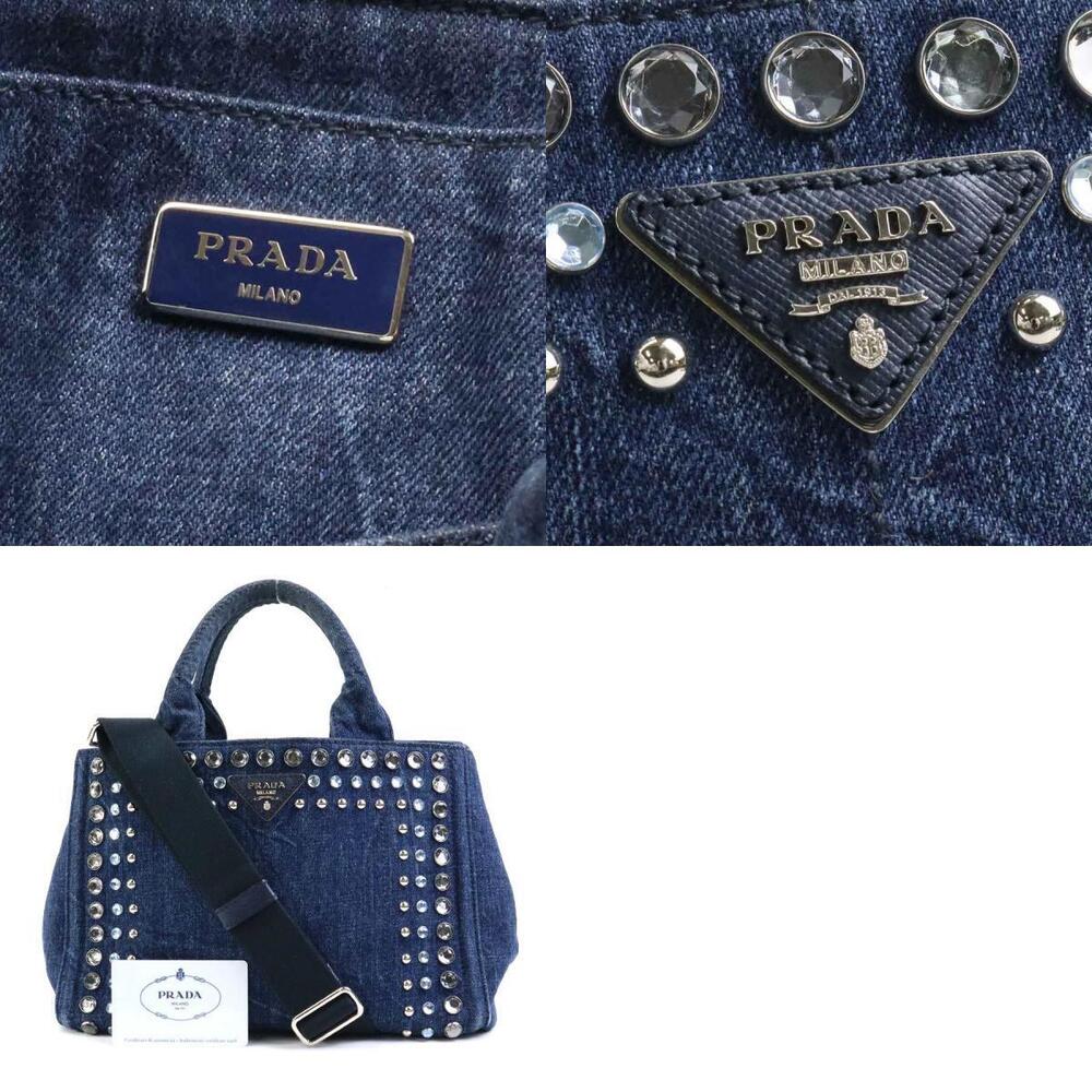 Prada 2way Handbag Crossbody Canapa Denim Blue Silver - Picture 5 of 5